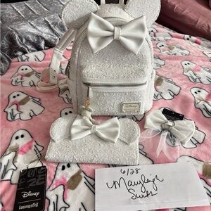 Loungefly Disney Sequin Minnie Bridal backpack wallet Bauble Bar pearl Mickey